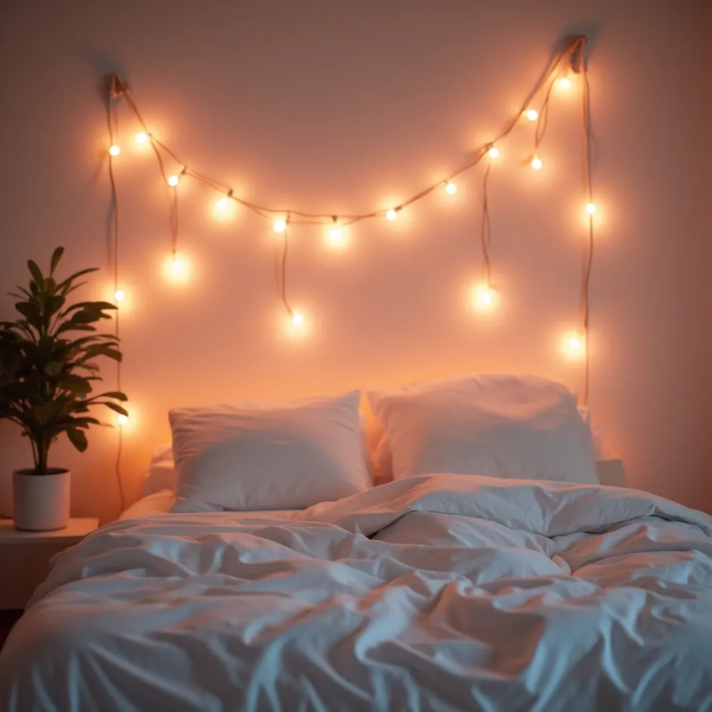 Blush pink fabric lights garland draped elegantly above bed headboard, creating soft ambient bedroom lighting at evening, cozy bedroom interior with white bedding