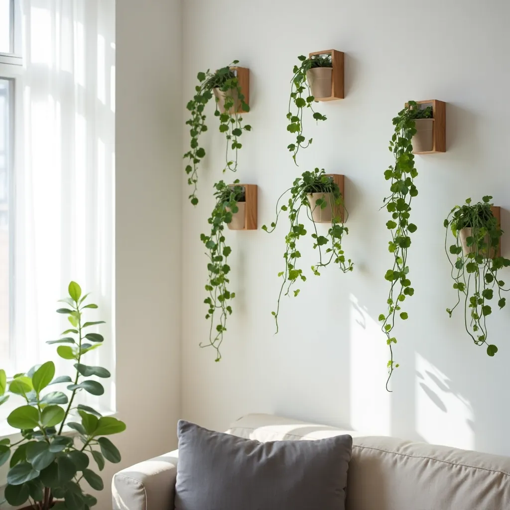 Interior of modern rental apartment corner showing multiple Pothos Golden plants hanging at different heights creating layered green wall effect with natural window light