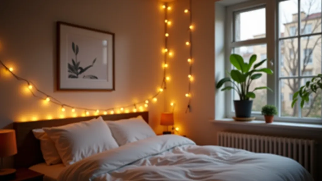 Beautifully decorated rental bedroom with fairy lights and potted plants creating a warm ambiance
