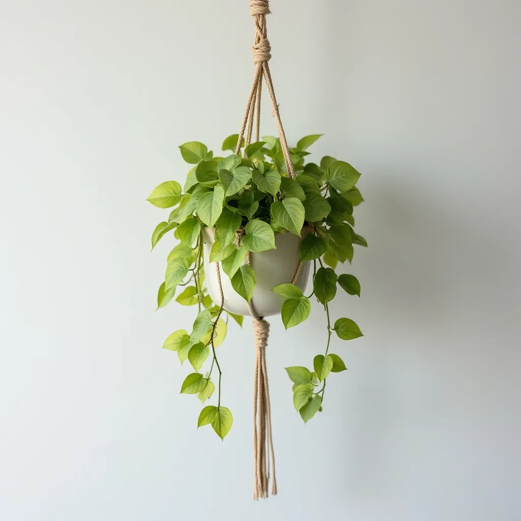Pothos Golden plant with trailing vines in hanging macramé hanger, suspended against light grey background showing vibrant golden-green foliage